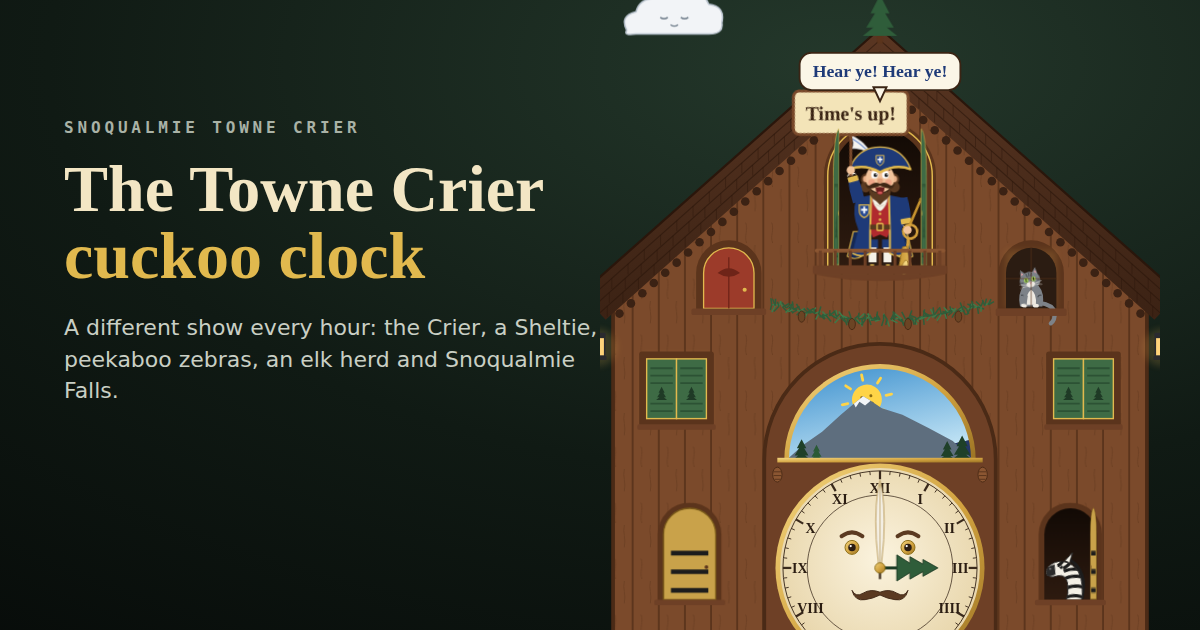 The Towne Crier Cuckoo Clock: the Crier on his balcony holding a “Time's up!” sign, with a zebra peeking out of its door